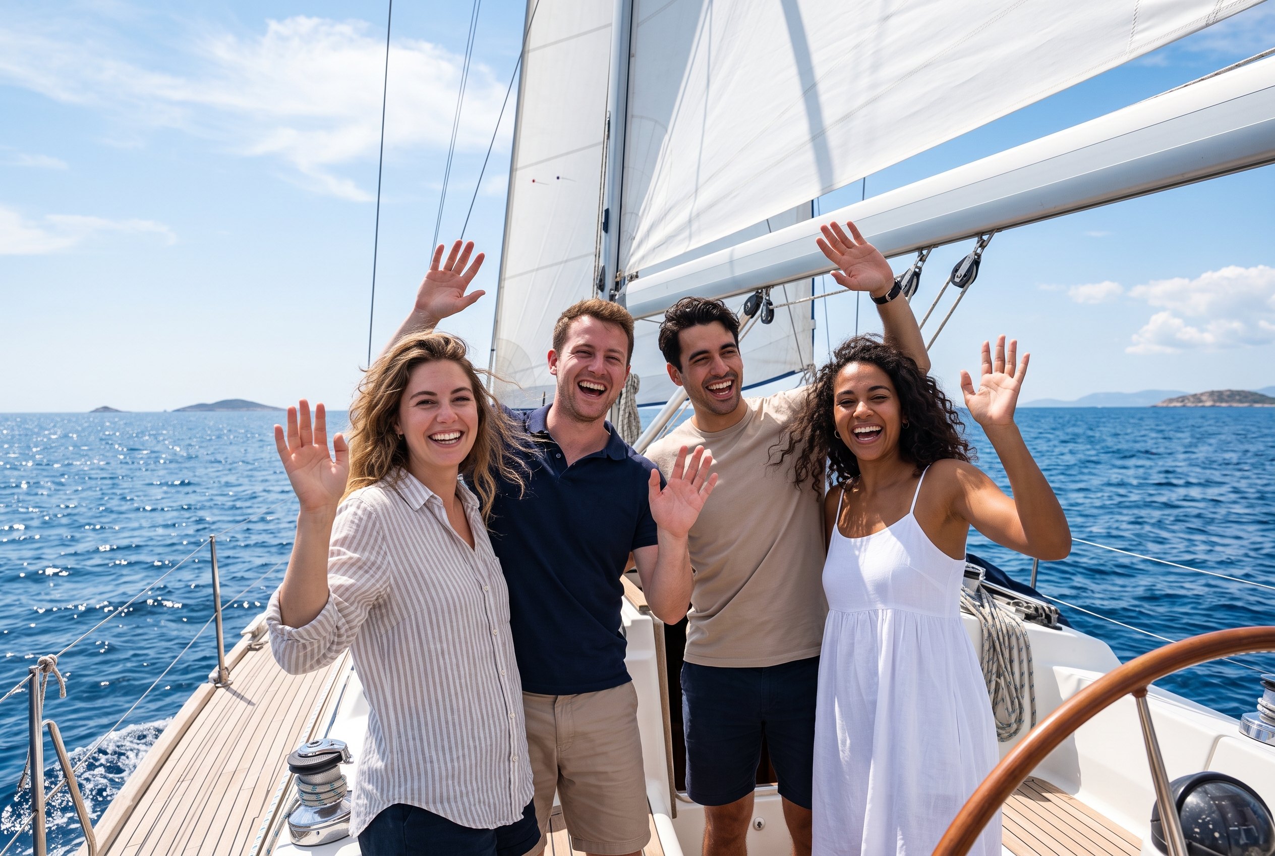 Vier lachende Freunde winken auf dem Deck einer Segelyacht