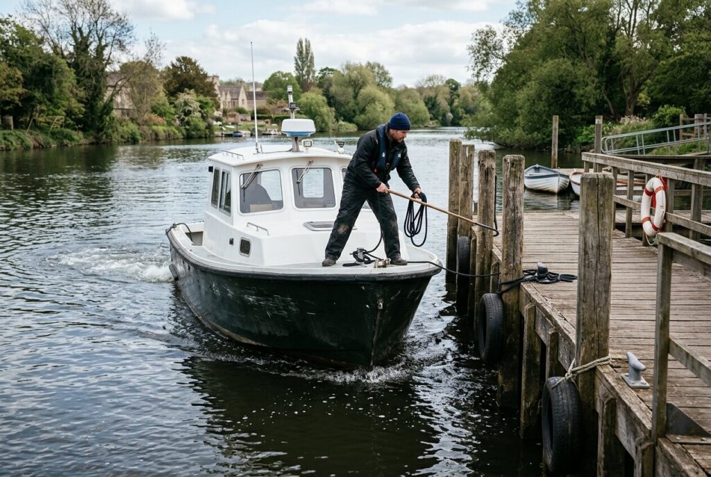 Bootsführerschein machen: der Ablauf von der Anmeldung bis zur Karte - Nautigo Motorboot Beim Anlegemanöver An Einem Steg Am Fluss