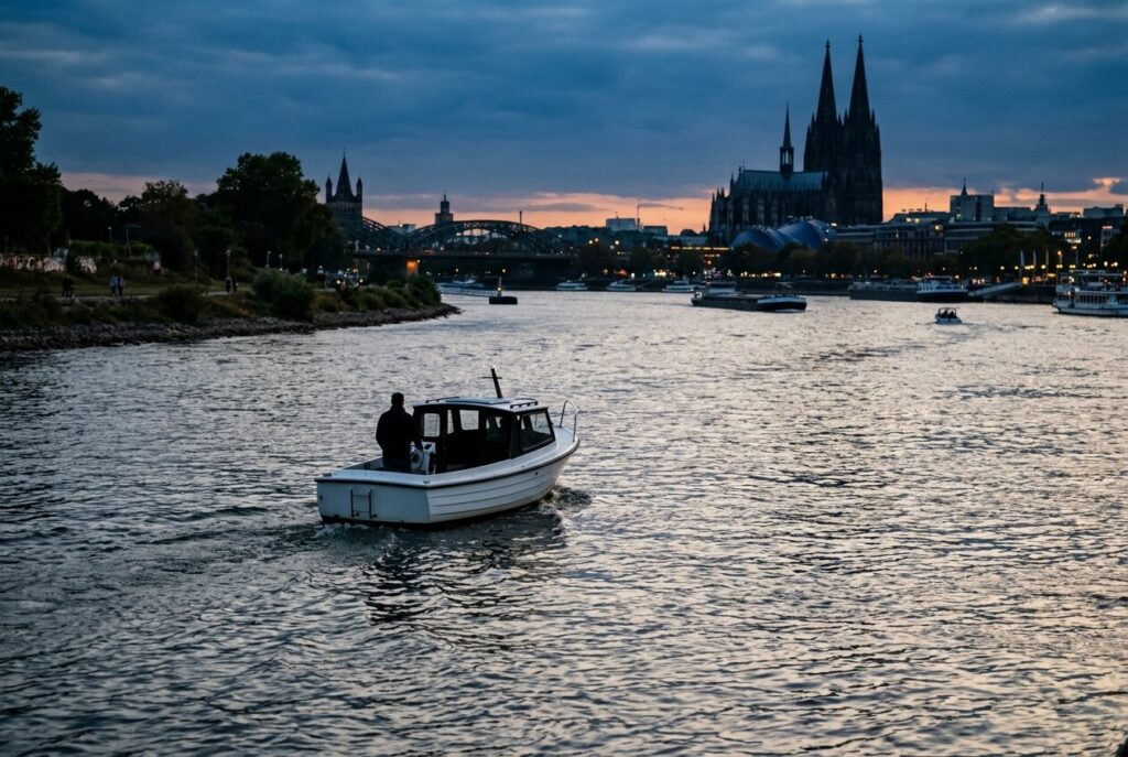 Bootsführerschein machen: der Ablauf von der Anmeldung bis zur Karte - Nautigo Kleines Motorboot Auf Dem Rhein In Der Abenddämmerung Mit Einer Kirchensilhouette Am Horizont