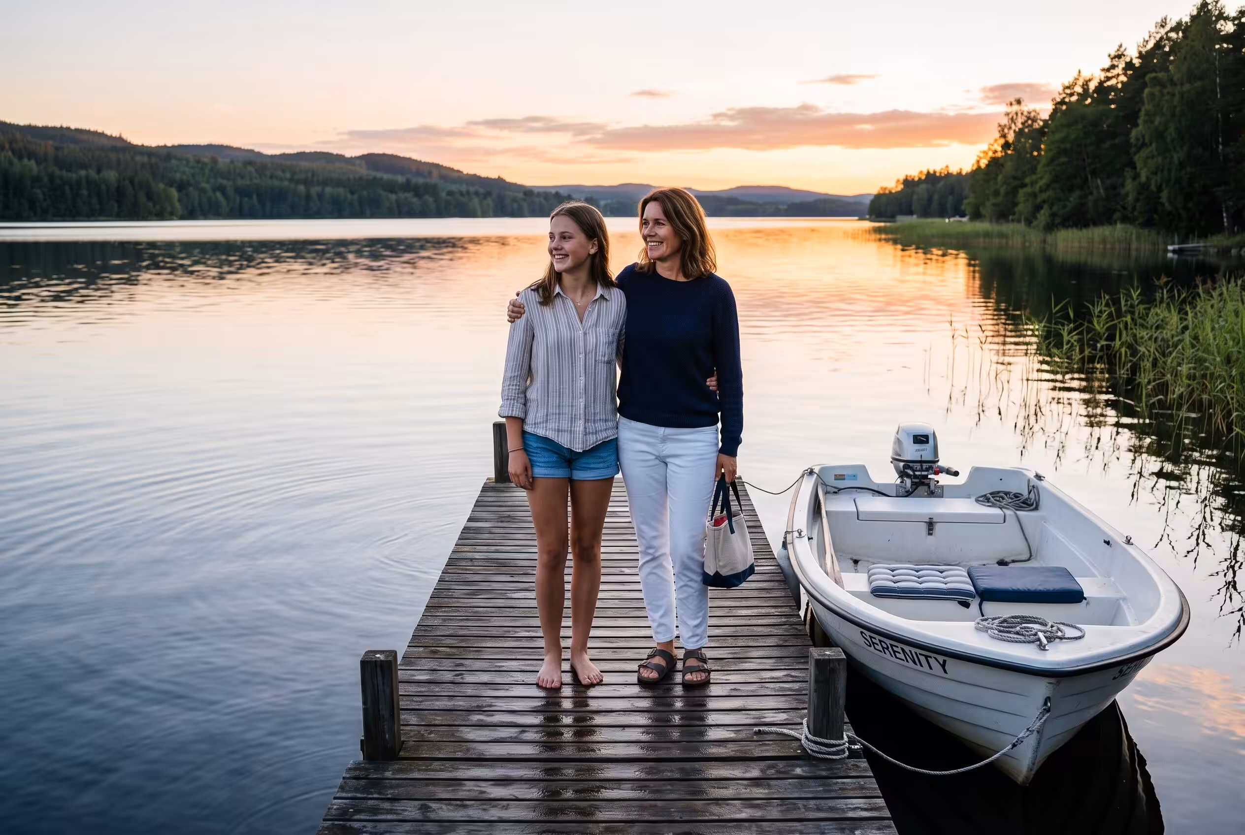 Jugendlicher und Elternteil auf einem Holzsteg neben einem kleinen weißen Motorboot am See